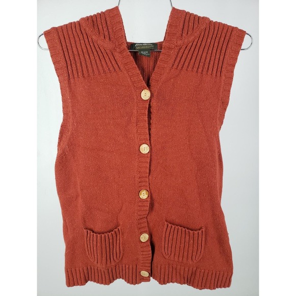 EDDIE BAUER‎ Womens Angora Blend Sweatshirt Vest Sz Large Rust Wooden Buttons - Picture 2 of 9